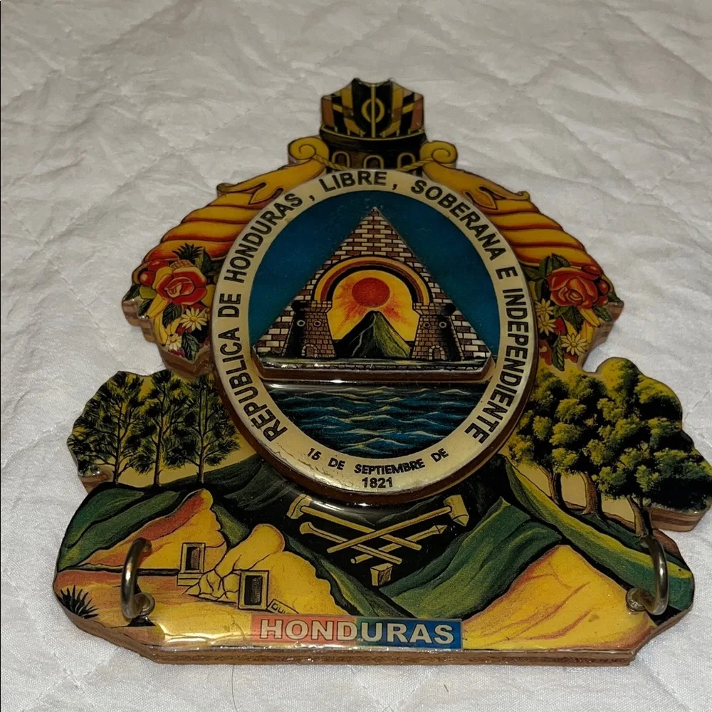 Lacquered Wood Colorful Coat Of Arms Of Honduras Wall Hanging Plaque